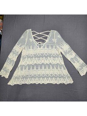 American Rag Romantic L/XL Sheer Lace Long Sleeve Top Cream Floral V-Neck Boho